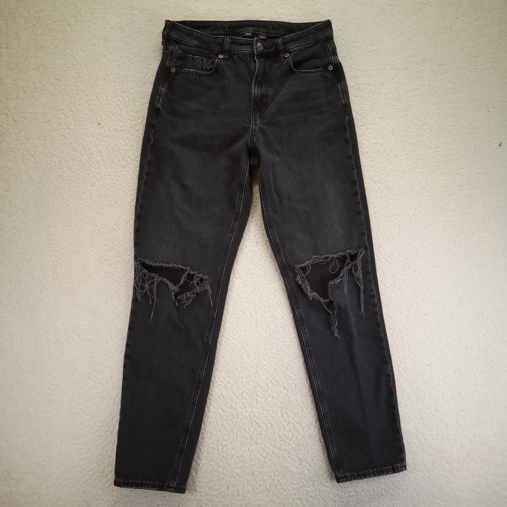 American Eagle Strigid Mom Jeans Washed Black Ripped Knee High Rise Sz 4 Regular
